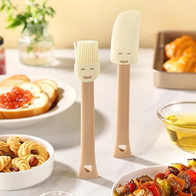 Silicone Baking Brush and Spatula Set, Beige and Cream, 2-Piece Kitchen Utensils with Smiley Face Design