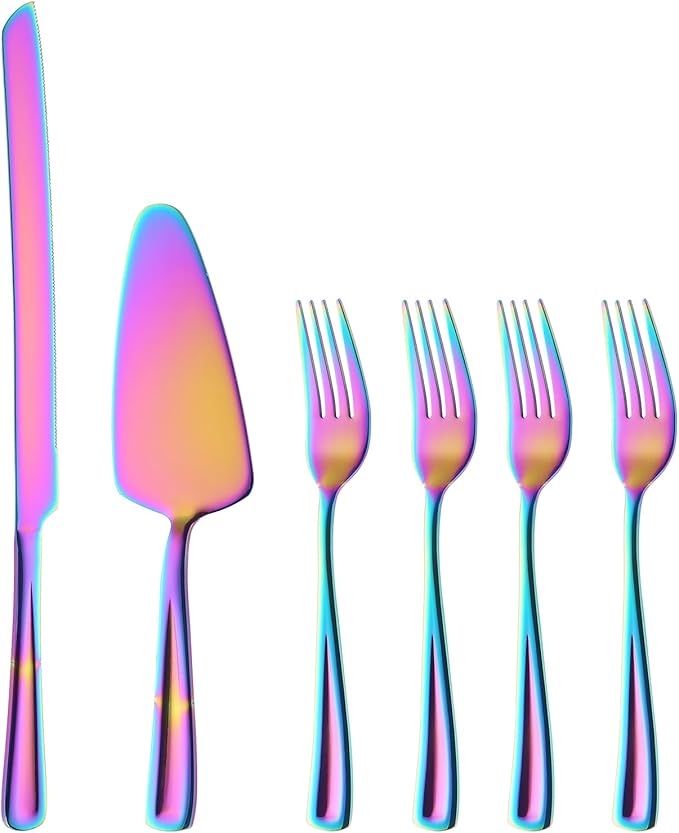 GoGeiLi Rainbow Cake Knife and Server Set with Forks, 6 Pieces Stainless Steel Cake Cutting Set, Colorful Wedding Cake Cutter Set including 4 Salad Forks, Dishwasher Safe