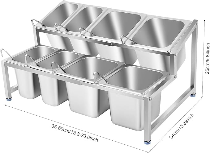 8 PCS Spice Rack Shelf, 2-Tier Stainless Steel Spice Organizer Stand with Lids and Spoons, Expandable Spice Rack for Buffets, Homes and Commercial Kitchens (4 X 1/9 Pans + 4 X 1/6 Pans)