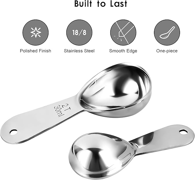 Smithccraft Measruring Coffee Scoop, 18/8 Stainless Steel Measuring Spoons Scoops Set of 2, Metric & US Measurer coffee Tablespoons 15ml and 30ml