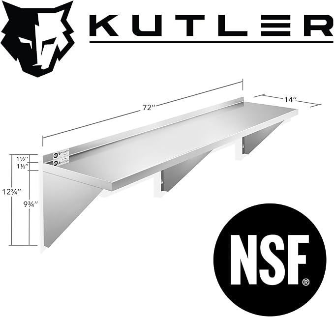 KUTLER Stainless Steel Shelf - 14" x 72", NSF Commercial Wall Mount Shelves with Backsplash, Floating Metal Shelving for Restaurant, Kitchen, Home