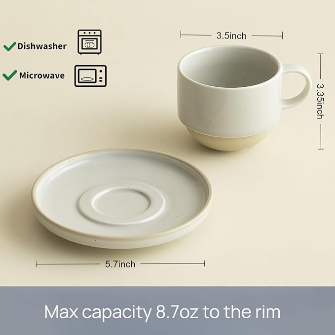 8oz Minimalist Elegant Handmade Ceramic Cappuccino Barista Cup with Saucer ??Artisanal Stoneware Espresso Coffee Mug , Lead-Free Latte Art Mug竊똇andmade Pottery tea mug or tea cup (Glossy Light Gray)