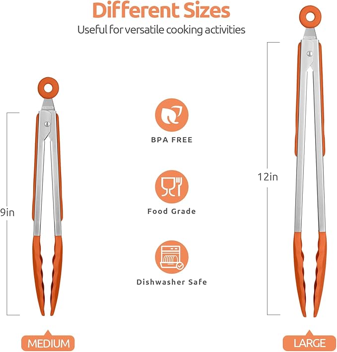 600쨘F Heat Resistant Kitchen Tongs: U-Taste 9+12 inch Silicone Cooking Tong Set with Firm Sealed Non Stick Rubber Tips and Silicon Coated 18/8 Stainless Steel Handle for Serving Grilling Salad(Orange)