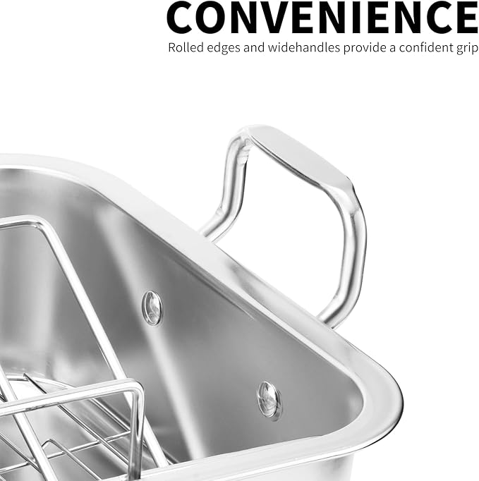 Roasting Pan with Cooling Rack - Stainless Steel Large Turkey Roaster Pan for Turkey, Chicken, Ham Roaster with V-Shaped Baking Rack Heavy Duty Dishwasher Safe