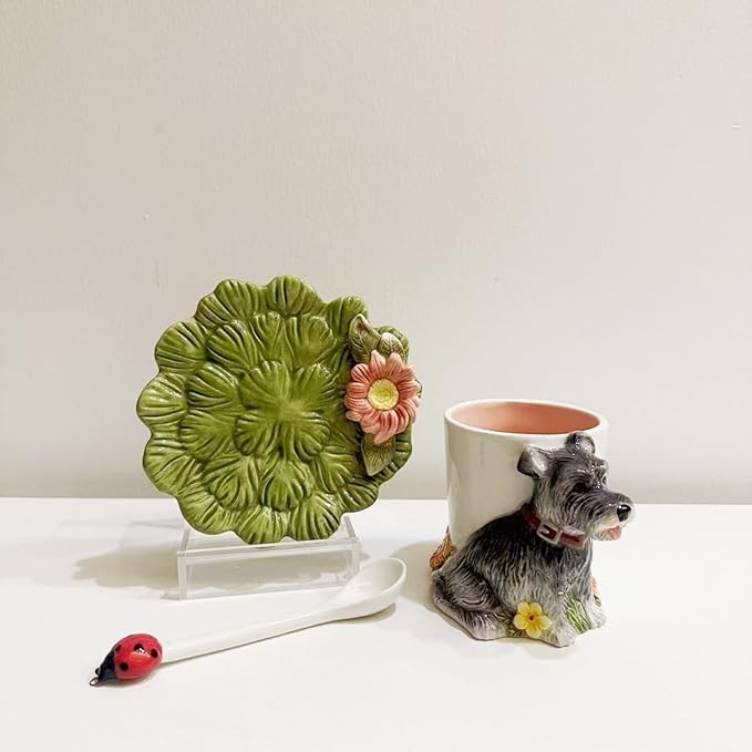 Ceramic Animal Coffee Mug Cup and Saucer Set竊?00ML(6.8OZ) 3D Hand-painted Tea Cup with Spoon (Grey)