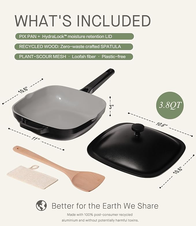 10.5 Inch(3.8QT) Ceramic Pan with Lid,Non Stick Frying Pans Cast Aluminum Deep Saut챕 Pans,Ti-Ceramic Non Toxic Pix Pan with Wooden Spatula and Scrubber-Midnight Hearth