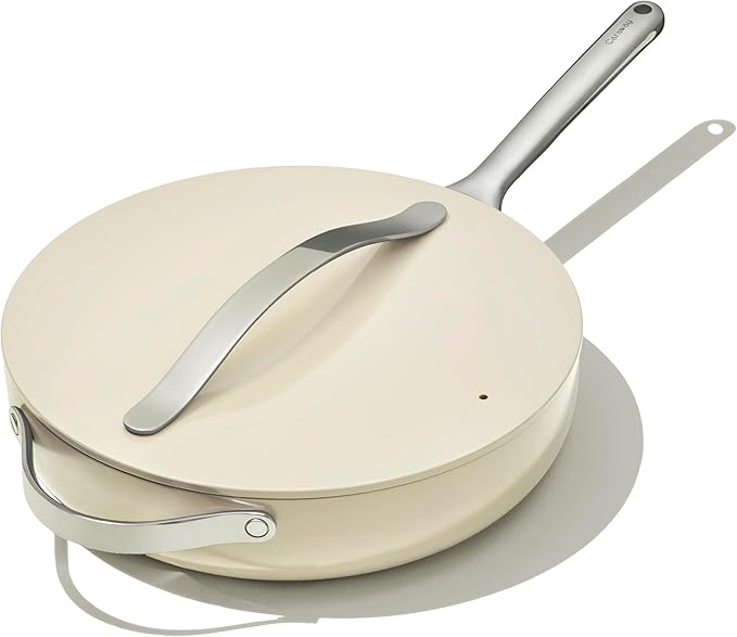Caraway Nonstick Ceramic Saut챕 Pan with Lid (4.5 qt, 11.8") - Non Toxic, PTFE & PFOA Free - Oven Safe & Compatible with All Stovetops (Gas, Electric & Induction) - Cream
