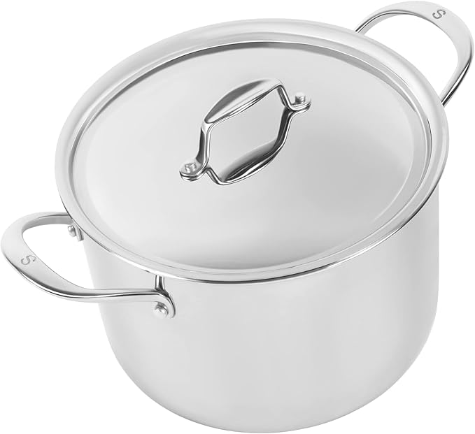 Sardel 8QT Stock Pot - Made in Italy, Stainless Steel Cooking Pot with Lid, Non Stick, Lightweight, Sturdy Heat Resistant Handles, Induction Compatible & Oven Safe