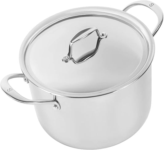 Sardel 8QT Stock Pot - Made in Italy, Stainless Steel Cooking Pot with Lid, Non Stick, Lightweight, Sturdy Heat Resistant Handles, Induction Compatible & Oven Safe