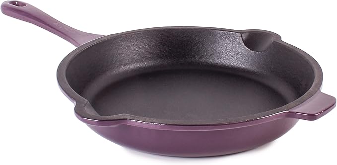 Berghoff Neo 3Pc Enameled Cast Iron Cookware Set, Fry Pan 10 inches, Grill Pan 11 inches, Slotted Steak Press, Fast, Evenly Heat, Oven safe (Purple)