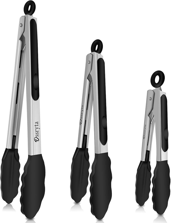 Kitchen Tongs with Silicone Tips - Heat Resistant 600째F Stainless Steel Cooking Tong Set, Non-Stick 7" 9" 12" Locking Silicone Tongs for Cooking, Grilling, Serving & Baking (3-Piece, Black)