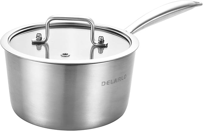 DELARLO Whole Body Tri-Ply Stainless Steel 3 Quart Saucepan with Lid, Oven Safe 600?? Heavy Duty Saucier Pan 3 Quart, Fast and Even Heat, Kitchen and Dining Sauce Pot, Induction Pot(Lids 300??