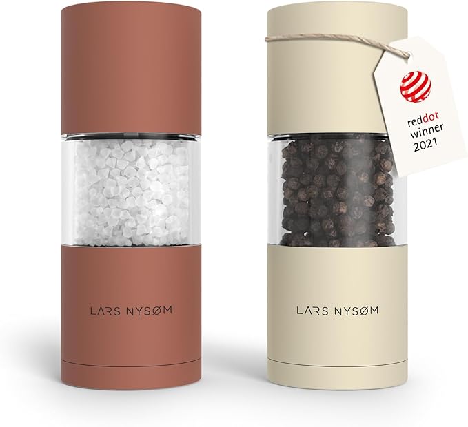 LARS NYS횠M Salt and Pepper Grinder Set, Manual Salt and Pepper Mills with Adjustable Ceramic Grinder, Design Spice Shaker Set (Red/Beige)