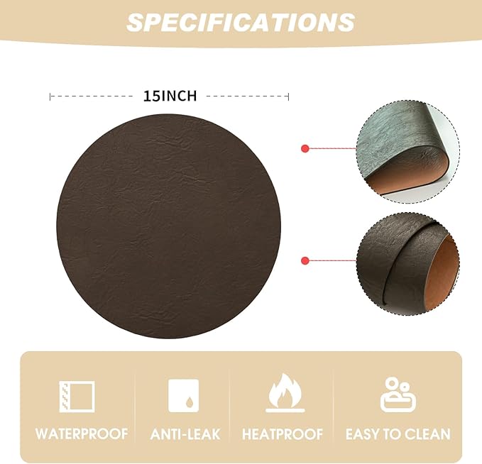 Artoid Mode Coffee Faux Leather Placemats Set of 4, 15 Inch Waterproof Wipeable Heat Resistant Place Mats, Reversible Table Mats for Kitchen Dining Decor