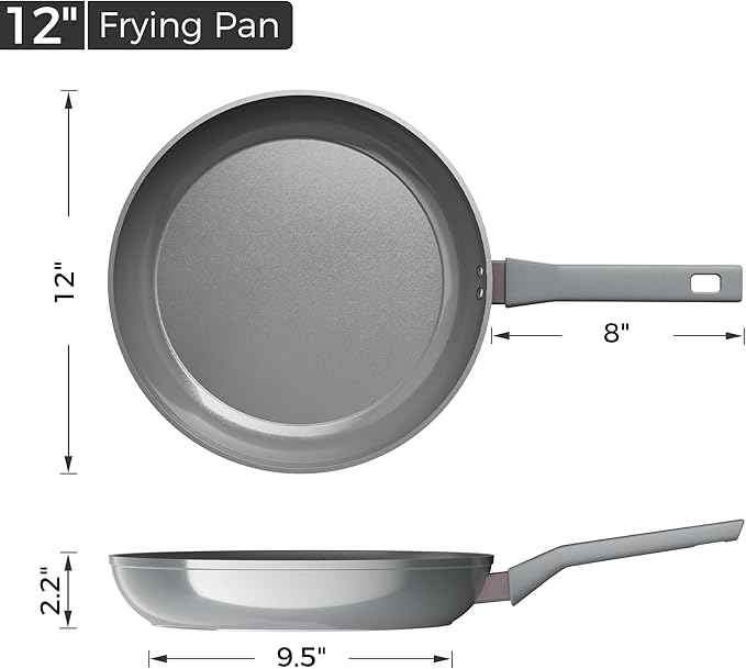 Sanho 12 Inch Nonstick Frying Pan, PFAS & PFOA Free Ceramic Coating, Induction Compatible Cookware, Stay-Cool Bakelite Handle, Gray