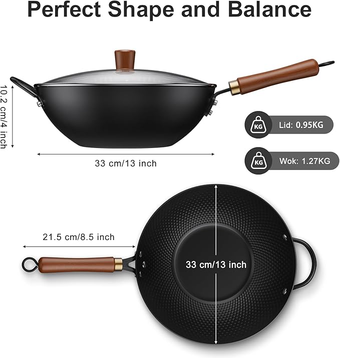 Nonstick Wok, 13-Inch Carbon Steel Wok Pan with Glass Cover, Woks & Stir-Fry Pans for Induction, Electric, Gas, Halogen, All Stoves
