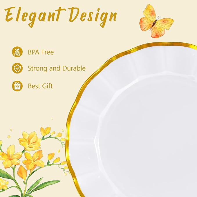 EI 150pcs White Plastic Plates with Gold Plastic Silverware,Disposable Plate Heavy Duty,White Dinnerware Set,Elegant Plates for Party,Wedding,Afternoon Tea,Spring,Valentine's Day