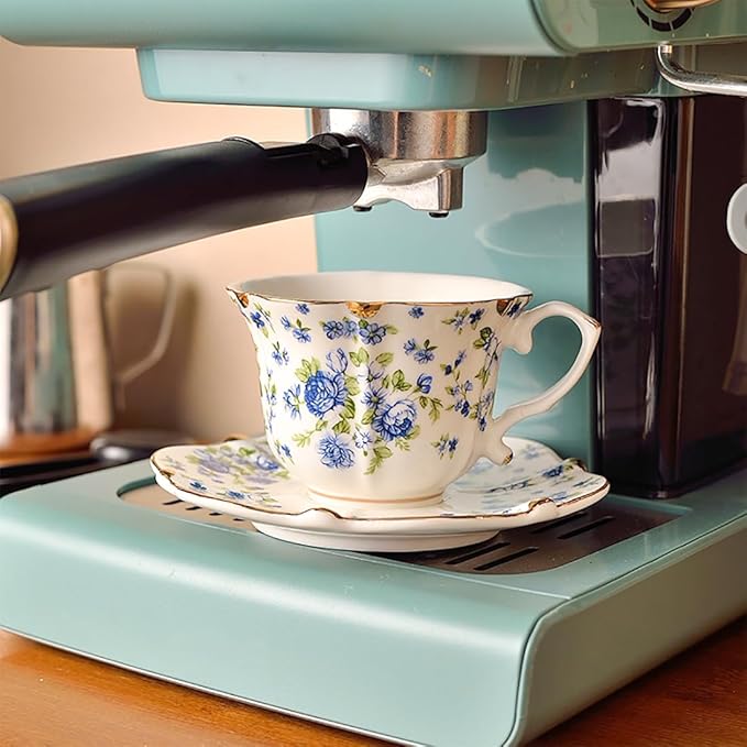Noviko Ceramic Tea Cups and Saucers Set Vintage Floral Teacup for Women (1, Blue)