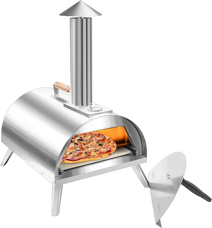 Rixordd 12" Wood Pellet Pizza Oven ??Portable Stainless Steel Outdoor Pizza Maker with Built-In Thermometer, Foldable Legs, Carry Handle & Cordierite Pizza Stone for Backyard, Patio & Camping