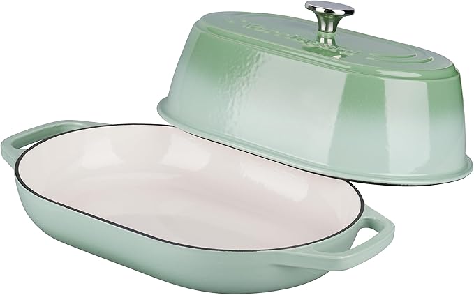 Enameled Cast Iron Dutch Oven Pot with Dome Lid, Oval Bread Oven for Homemade Sourdough Bread Baking, Oven Safe up to 500째F, 6 Quart, Green