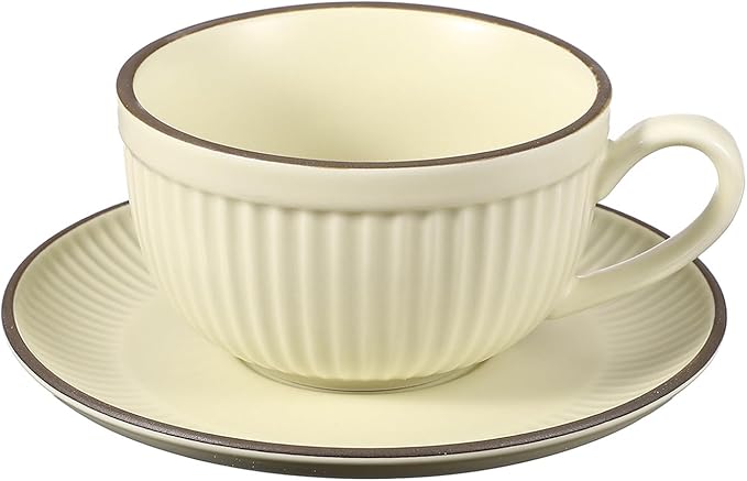 uxcell Handmade Vintage Espresso Cups, 9.5 oz Stripe Coffee Cups and Saucers Ceramic Tea Cup with Handle Dishwasher and Microwave Safe for Latte Cappuccino Milk Office Home Gifts, Beige