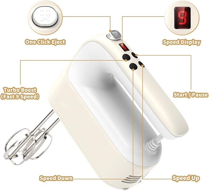 9-Speed Digital Hand Mixer Electric, 400W Powerful DC Motor, Baking Handheld with Snap-On Storage Case, 5 Stainless Steel Accessories, Flat Beaters, Dough Hooks, Whisk(Cream White)