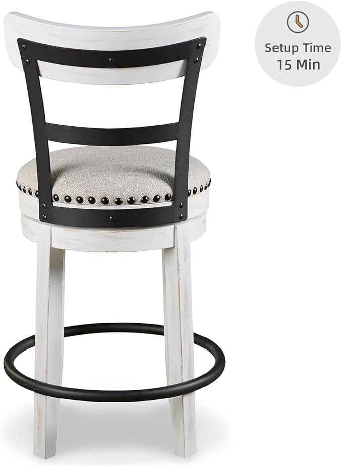 Signature Design by Ashley Valebeck | Modern Swivel 24.5" Counter Height Barstool ??Rustic-Industrial Whitewash, Upholstered Cushion, 360째 Swivel, Nailhead Trim