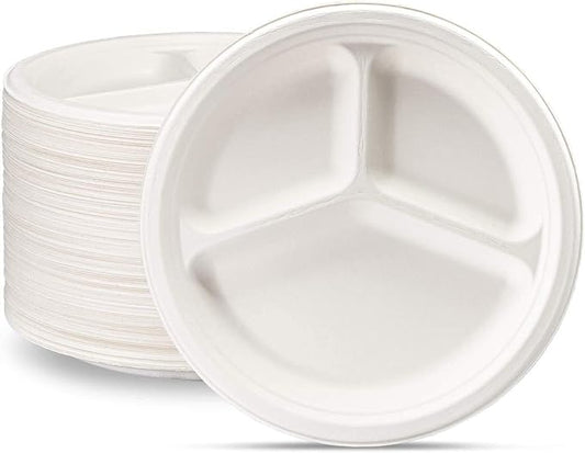 GUSTO [9 Inch -125 Pack 3 Compartment Heavy-Duty White Paper Plates, 100% Compostable & Biodegradable (Formerly Comfy Package)