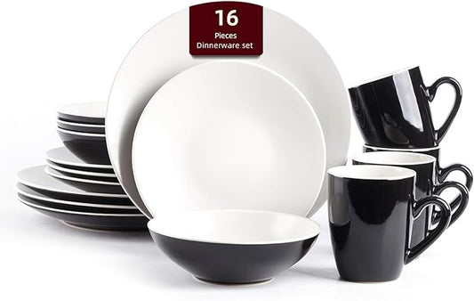 Stoneware Two-Tone Colors Life 16pc Dinner Set竊똎utside Shiny Black + Inside Matte Glaze Off White Cream color