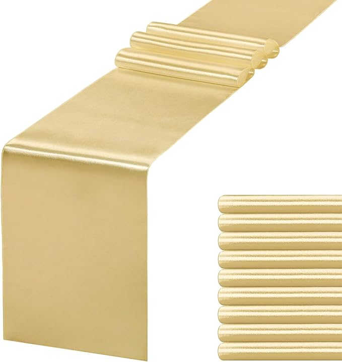 JEVIX 10 Pack Satin Table Runner 12 X 108 Inch Silk Table Runner for Party,Wedding, Birthday, Banquets,Decoration(Light Gold)