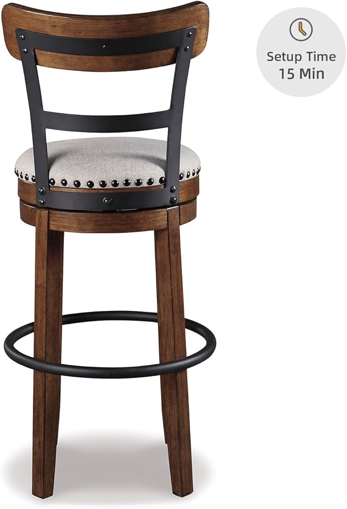 Signature Design by Ashley Valebeck | 30??Farmhouse Pub-Height Swivel Barstool With Back ??Upholstered Cushion, Nailhead Trim, Metal & Wood Frame, Brown