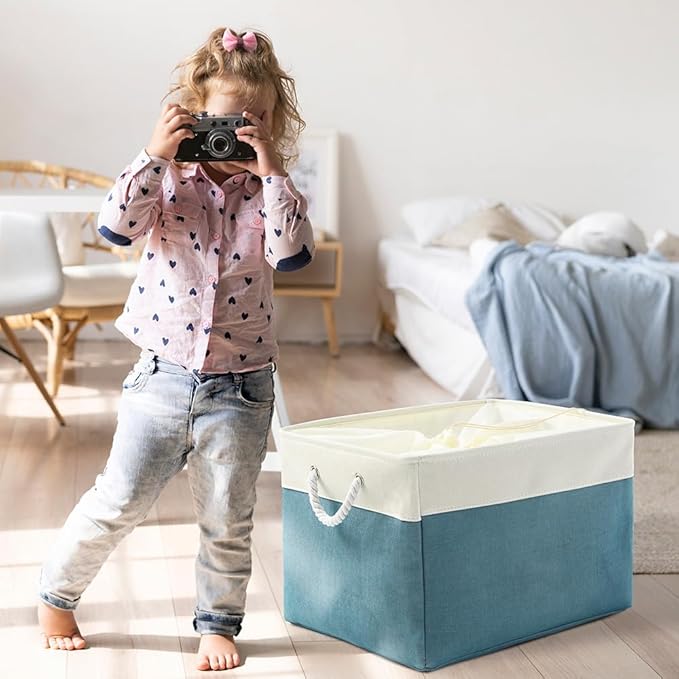 TheWarmHome Storage Bin for Shelves - Extra Jumbo 3 Pack 20.5L횞15.7W횞13.8H Storage Basket for Organizing, Fabrin Storage cubes with Drawstring Cover for Living Room Bedroom Decor Closet竊늋hite & Green