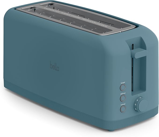 bella 4 Slice Slim Toaster, Fits-anywhere Kitchenware, 6 Setting Shade Control with Reheat & Cancel Buttons, Fits Sourdough, 10??Long Slot, Anti Jam & Auto Shutoff, 900 Watt, Surf