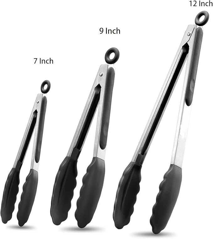 Kitchen Tongs with Silicone Tips,Tongs for Cooking Heat Resistant 600 Degrees Stainless Steel Locking Tongs,Black Set of 3-7", 9" and 12"