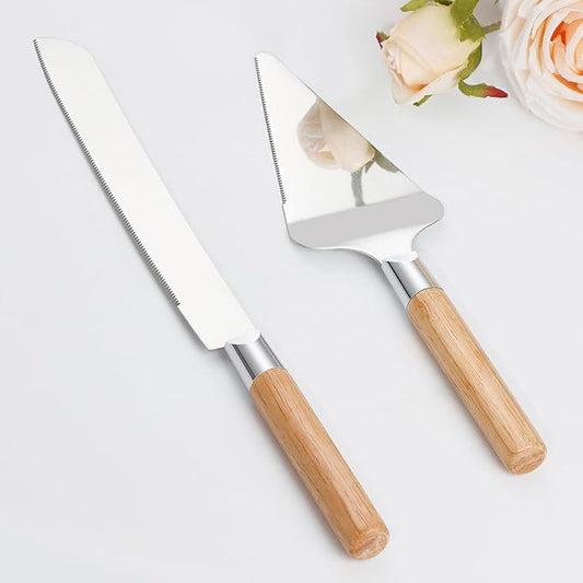 Cake Cutting Set for Wedding, Wood Cake Knife and Server Set, Vintage 2-Piece Pie Cutter Serving Set, Serrated Pizza Dessert Utensils, Bridal Anniversary Birthday Quincea챰era Gift