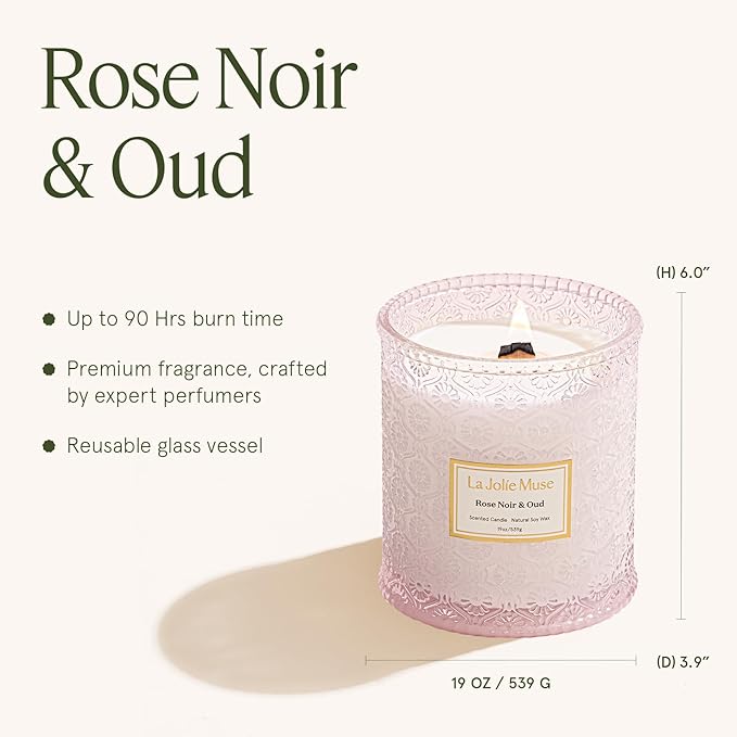 LA JOLIE MUSE Rose Noir & Oud Scented Candle ??Lemon, Rose & Oud | Valentine's Day Candle Gift | 19 oz Large Wooden Wick Candle | Natural Soy Wax | 90 Hours Clean Burn | Elegant Home D챕cor