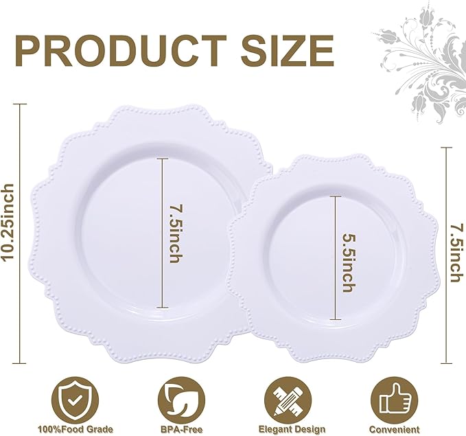 COLOSUS 60PCS White Plastic Plates for 30 guests-Fancy Plastic Beaded Plates,Disposable Christmas plastic plates,Include 30 PCS 10.5" Dinner Plates & 30PCS 8.25" Dessert-Platos for Christmas