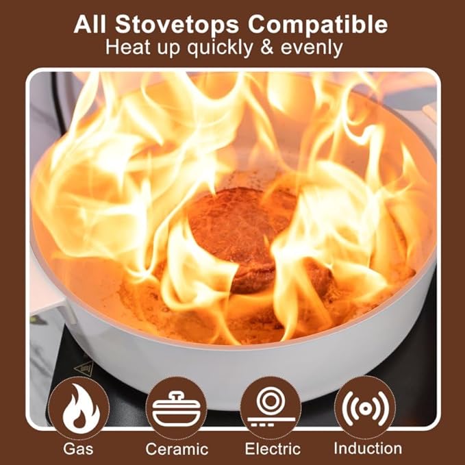11 Inch All in One Pan with Lid Ceramic Nonstick and 9.5 Inch Circle Pan,Multifunctional Cookware for Vertasile Cooking and (Beige)
