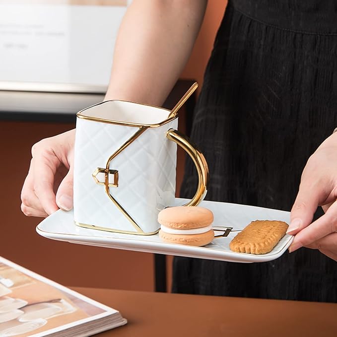 YnsfreeCeramic Purse Coffee Mugs Set Tea Cup Unique Bag shaped mug and Saucer Set with Spoon and Saucer For Women Mother's Day Christmas Gifts (Set of 4)