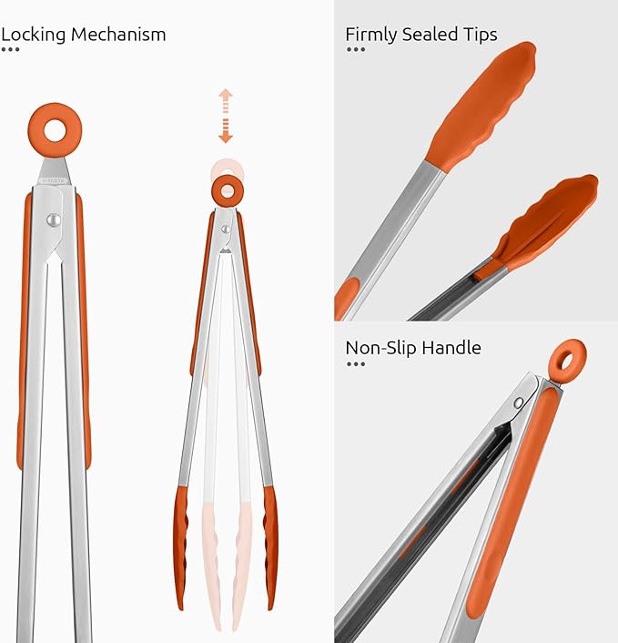 600쨘F Heat Resistant Kitchen Tongs: U-Taste 12 inch Large Silicone Cooking Tong with Sturdy Non Stick Rubber Tips & Silicon Coated 18/8 Stainless Steel Handle & Smooth Locking for Serving Grill-Orange