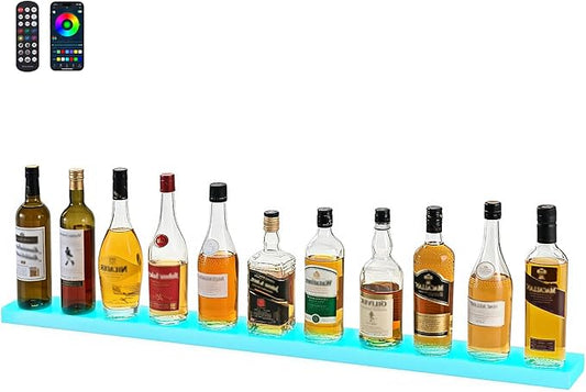 VEVOR LED Lighted Liquor Bottle Display, 1 Tier 48 Inches Whiskey Rack, Supports USB, Illuminated Home Bar Shelf with RF Remote & App Control, 7 Static Colors, Acrylic Lighted Shelf for 12 Bottles