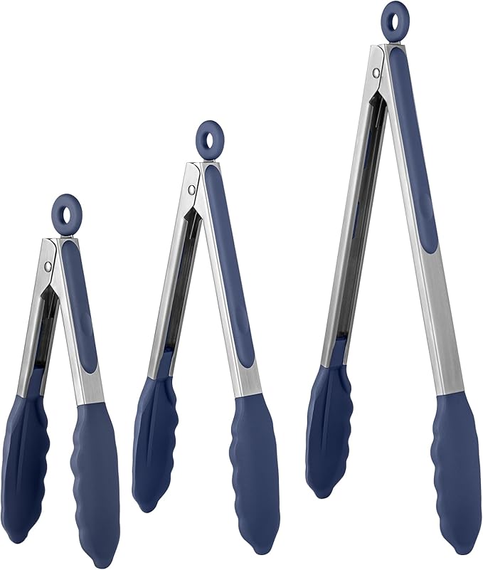 600쨘F Heat Resistant Kitchen Tongs: U-Taste 7/9/12 inch Silicone Cooking Tong Set with Non Stick Rubber Tips and Silicon Coated 18/8 Stainless Steel Handle for Serving Grilling Salad(Midnight Blue)
