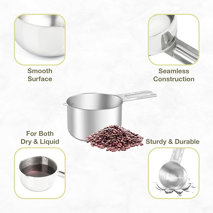 BERYLER 1PCS 2/3Cup (160ml, 5.3oz) Single Measuring Cup, Etched Inner Scale Stainless Steel Measure Scoop, Metric and US Measurement, Dishwasher Safe