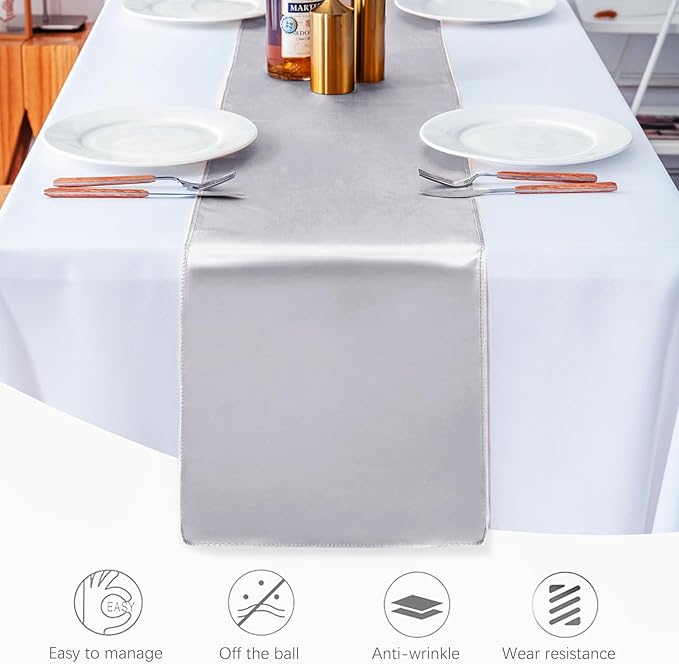 JEVIX 10 Pack Silver Table Runner 12 X 108 Inch Silk Table Runner for Party,Wedding, Birthday, Banquets,Decoration