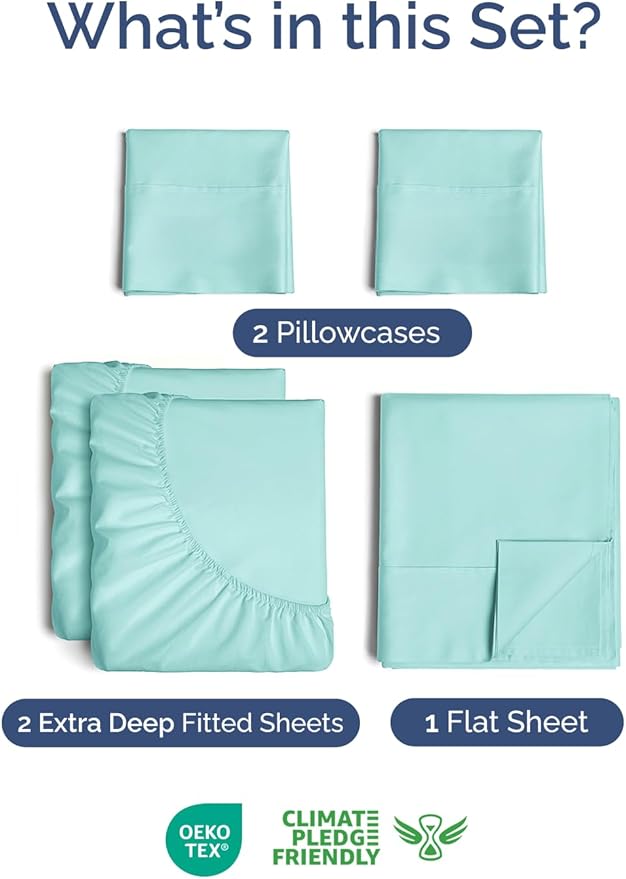 Extra Deep Pocket Split King Sheets - 5 Piece Breathable & Cooling Bed Sheets - Hotel Luxury Sheet Set - Soft, Wrinkle Free & Comfy - Easily Fits Extra Deep Mattresses - Deep Pocket Spa Blue Sheets