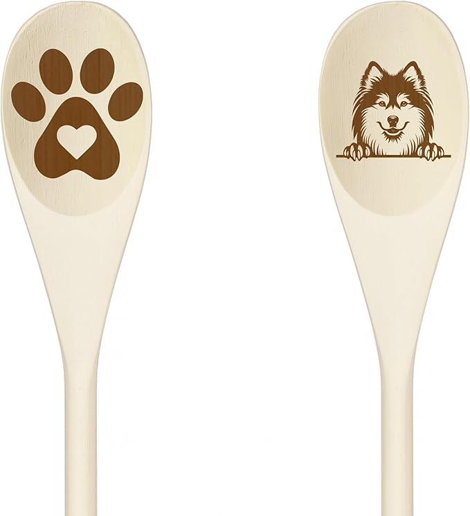 FINISH SPITZ Wooden Spoons for Cooking, Serving or Decorative Kitchen Utensils Set Dog Lover Dog Mom/Dad Gift with Peeking Dog Designs, Paw Print and Dog Head, Kitchen Utensils Set of 2