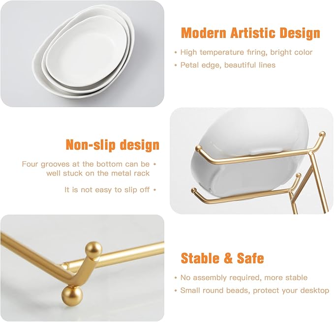 Ceramic Fruit Bowl for Kitchen Counter - 3 Tier Fruit Basket with Metal Stand, Tiered Fruit Stand for Countertop, Snack, Nuts, Cake, Dessert, Cute (Gold, Small)