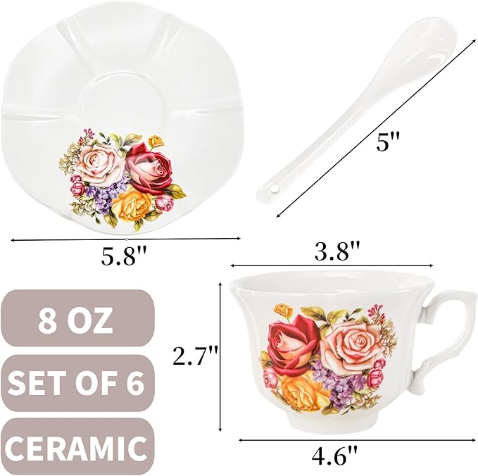 Tea Cups and Saucers Set of 6, 8 OZ Vintage Ceramic Teacups with Spoon, Floral Rose British Coffee Mug, Elegant Bone China Cup Gift Set for Cappuccino, Espresso, Latte, Afternoon Tea Party