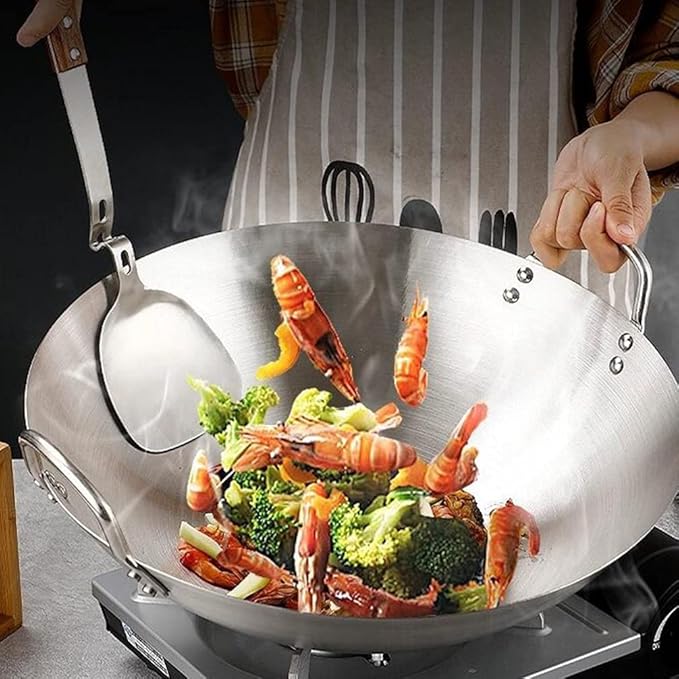 DOITOOL Stainless Steel Wok with Double Handles 12.6 Inch Round Bottom Pan for Stir Frying and Cooking Kitchen Use