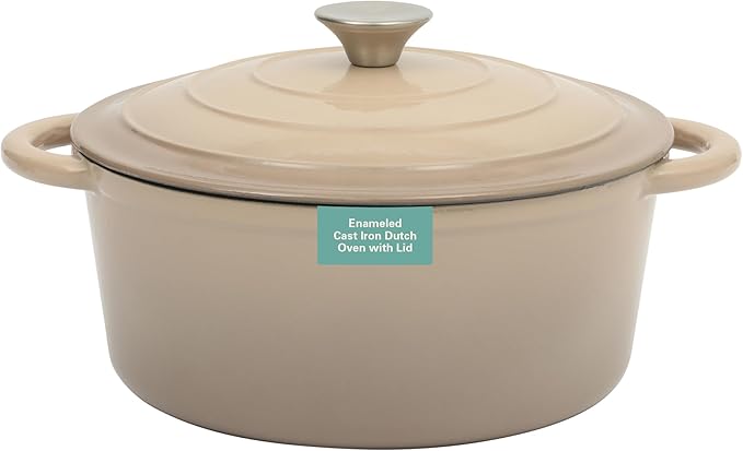 Gibson Home Addlestone 5 Qt Enameled Cast Iron Dutch Oven Pot with Lid ??Round, Oven Safe to 500째F, Ideal for Bread Baking & Stews - Gradient Taupe